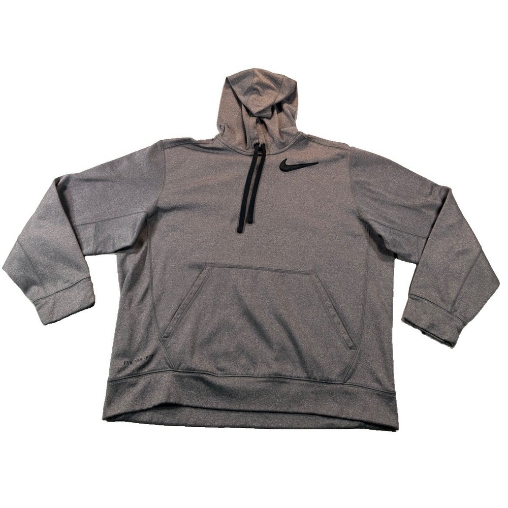 Nike Therma Fit Hoodie Mens Large Gray Black Big Swoosh Pullover Sweatshirt